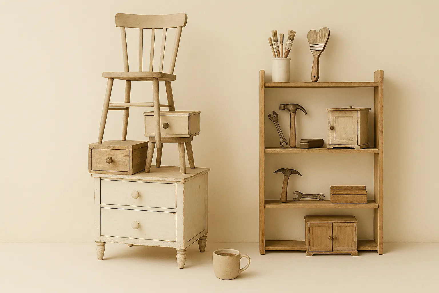 Muebles apilados y estantería con herramientas, decoración DIY y reformas económicas para el hogar