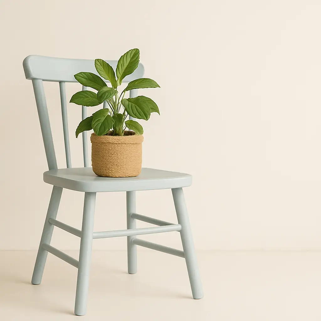 Silla reciclada en tono azulado pastel con planta en maceta de yute, perfecta para decoración vintage y DIY.