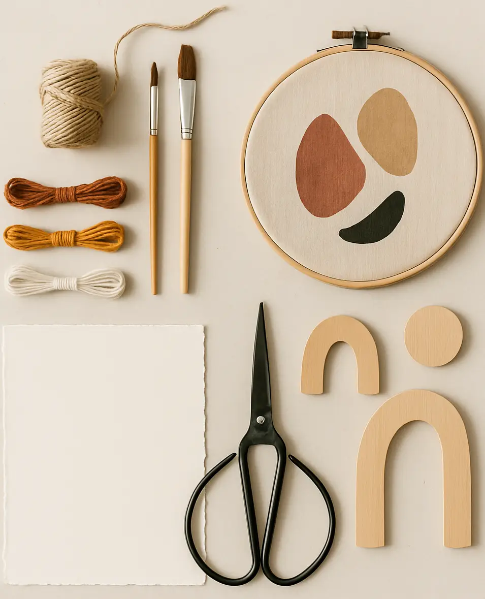 Materiales y herramientas para manualidades DIY: pinceles, pintura y otros recursos creativos.