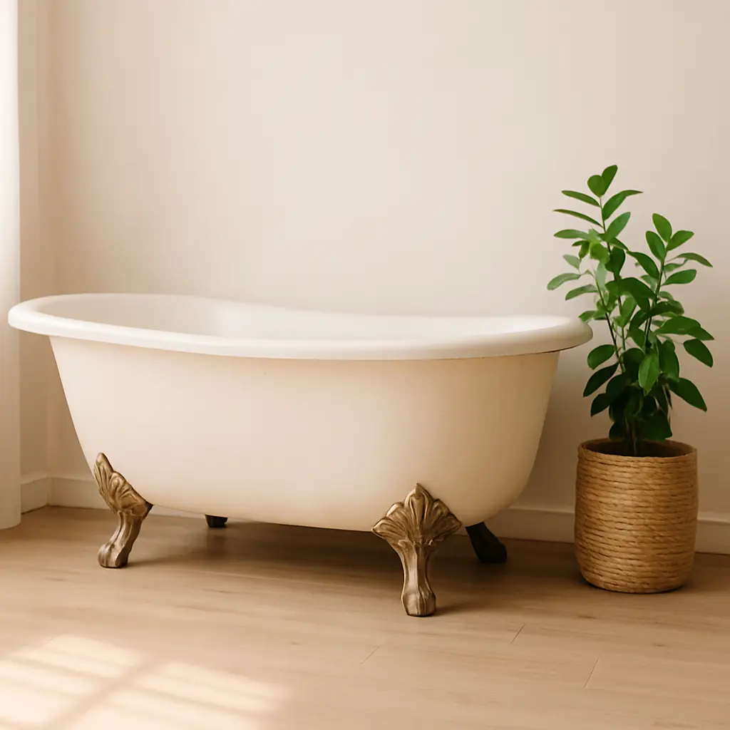 Reformas económicas de baño con estilo vintage y planta decorativa, ideal para renovaciones low cost.