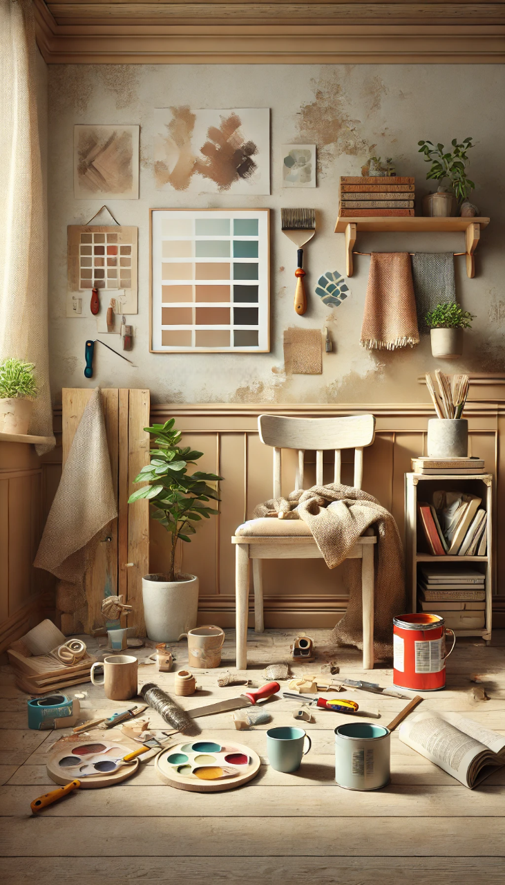 Imagen de la sección 'Sobre Mi' en la página de inicio de Hogar Caótico, mostrando botes de pintura, muestras de telas, pinceles manchados, herramientas de bricolaje, plantas pequeñas y bocetos de renovación. Refleja los temas del blog: reformas económicas, restauración de muebles, DIY, y materiales utilizados en proyectos de decoración.