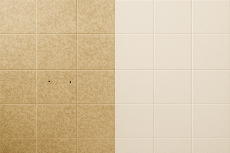 Comparativa antes y después de los azulejos del aseo pintados con pintura ecológica, mostrando la transformación de los azulejos antiguos beige a blanco seda.