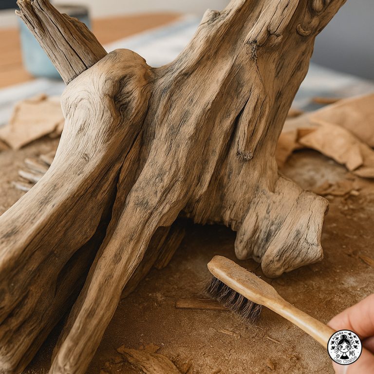 Cepillo de cerdas limpiando una pieza de madera flotante sobre una superficie llena de polvo, astillas y barro seco.