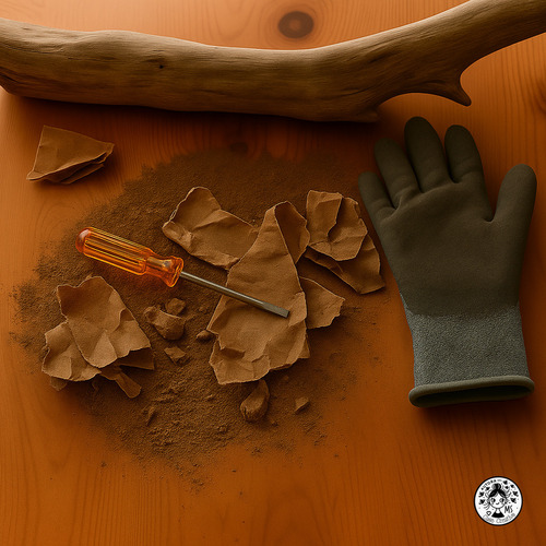 Vista cercana de madera flotante siendo lijada, junto a papeles de lija y guantes usados.