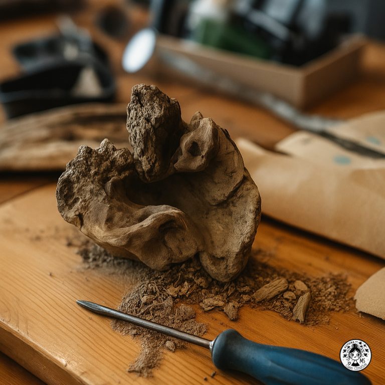 Madera flotante con formas orgánicas sobre una mesa de trabajo, rodeada de virutas, tierra y un destornillador plano.