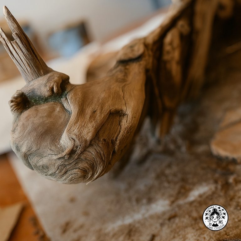 Detalle de una pieza de madera flotante con musgo, formas curvas y vetas marcadas, parcialmente limpia sobre una mesa de trabajo.