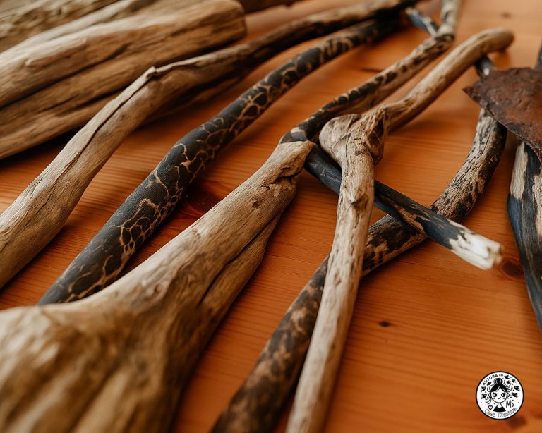 Maderas flotantes con vetas naturales y marcas orgánicas sobre una mesa de madera.