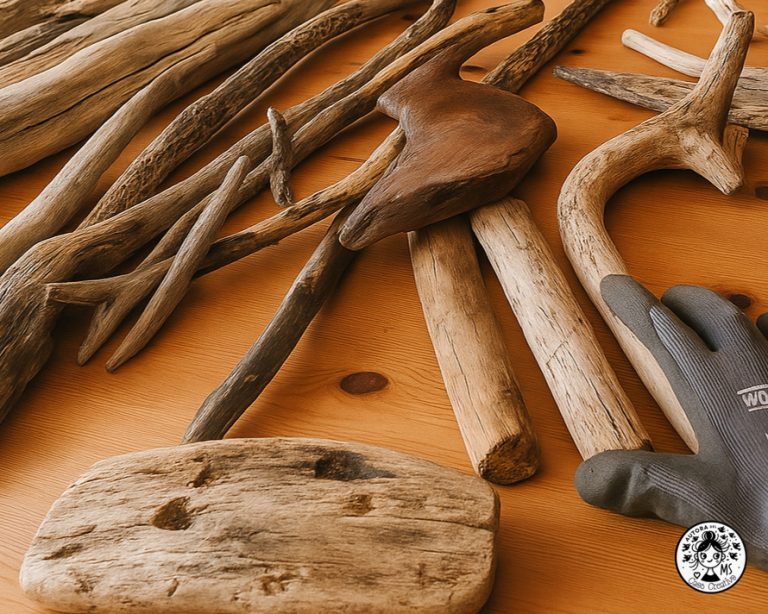 Selección de piezas de madera flotante dispuestas sobre una mesa de madera con un guante de trabajo.