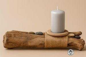 Portavelas artesanal hecho con madera flotante, decorada con cuerda y piedras, y una vela gris sobre soporte circular de arcilla.
