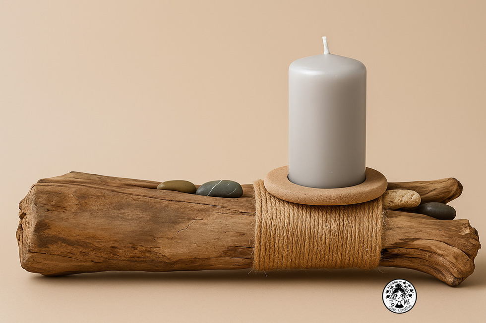 Portavelas artesanal hecho con madera flotante, decorada con cuerda y piedras, y una vela gris sobre soporte circular de arcilla.