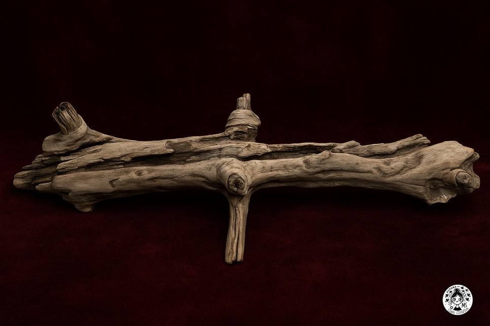 Pieza de madera flotante con ramas y texturas naturales sobre fondo granate oscuro.